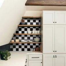 White and black damier peel and stick backsplash tile by Smart Tiles in a white kitchen
