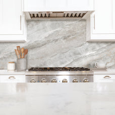 modern white kitchen smart tiles wall panel Grey marble texture with beige veins waterproof