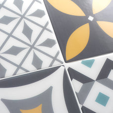 Vintage yellow, turquoise and grey peel and stick backsplash tile smart tiles for kitchen, bathroom, vr and fireplace