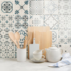 Vintage blue and cream peel and stick backsplash tile smart tiles for kitchen, bathroom, vr and fireplace