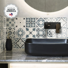 Bathroom peel and stick backsplash tile Vintage blue and cream Smart Tiles
