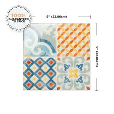 Dimensions peel and stick backsplash tile Vintage yellow, blue and orange Smart Tiles