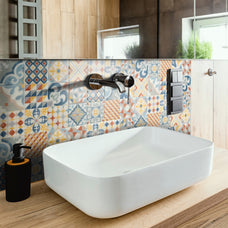Bathroom peel and stick backsplash tile Vintage yellow, blue and orange Smart Tiles