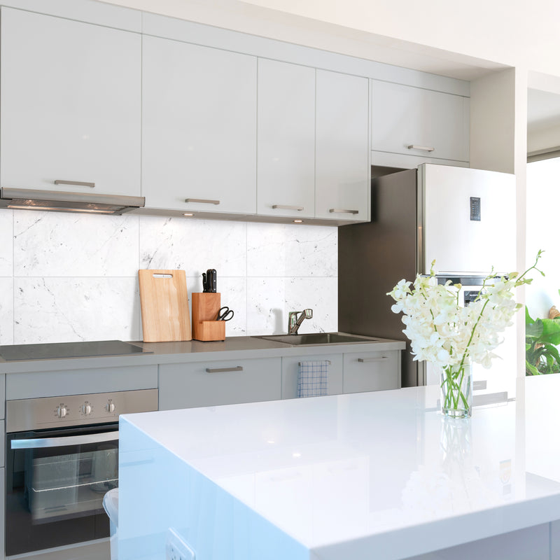 BLOK White peel and stick backsplash tile smart tiles for kitchen, bathroom, vr and fireplace