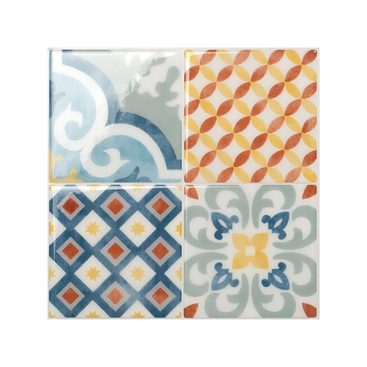 Vintage yellow, blue and orange peel and stick backsplash tile smart tiles for kitchen, bathroom, vr and fireplace