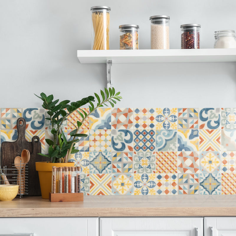 Vintage yellow, blue and orange peel and stick backsplash tile smart tiles for kitchen, bathroom, vr and fireplace