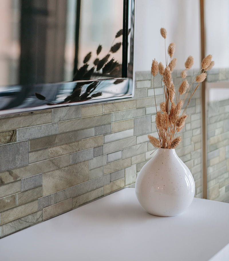 Pietra beige grey  peel and stick backsplash tile smart tiles for kitchen, bathroom, vr and fireplace