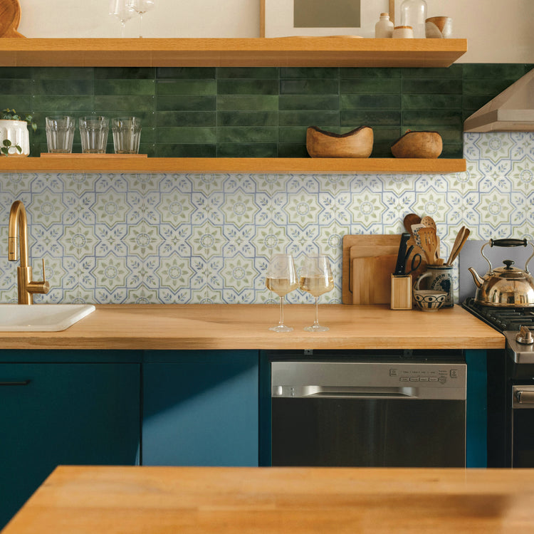 kitchen, bathroom peel and stick backsplash tiles Vintage Augusta Blue Green White Smart Tiles