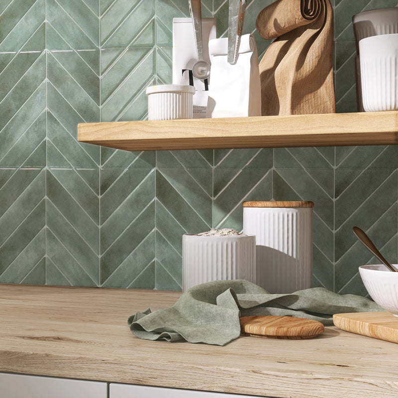 Chevron herringbone green peel and stick backsplash tile smart tiles for kitchen, bathroom, vr and fireplace