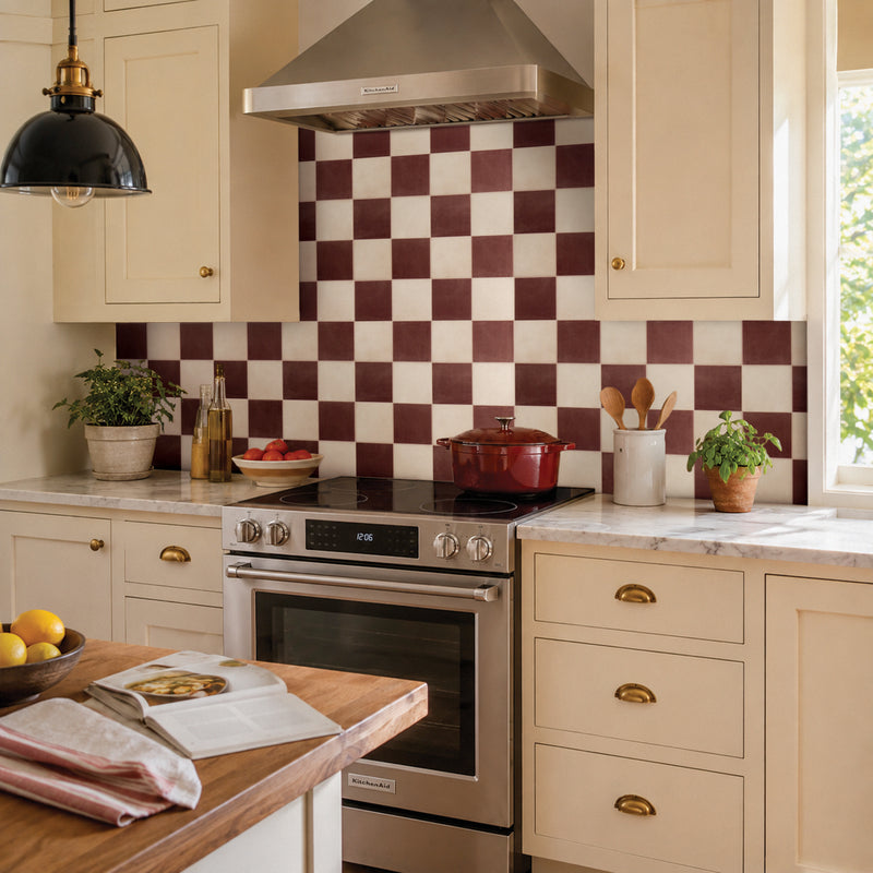 Damier white and red peel and stick backsplash tile Smart Tiles for kitchen, bathroom, vr and fireplace