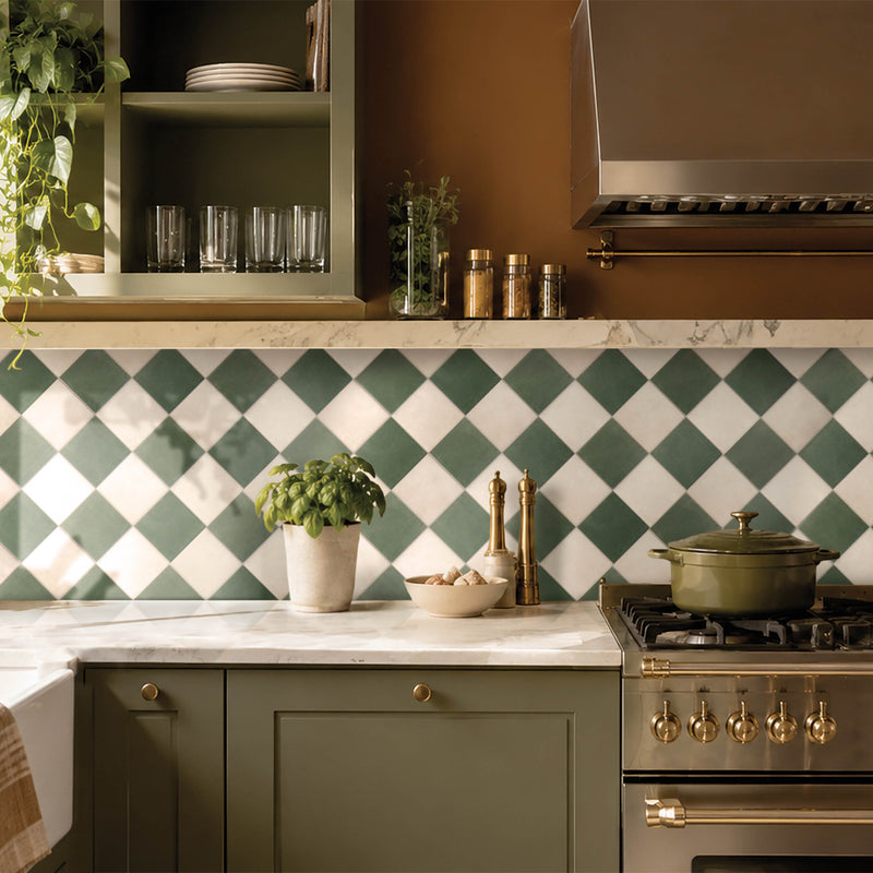 Damier white and green peel and stick backsplash tile Smart Tiles for kitchen, bathroom, vr and fireplace