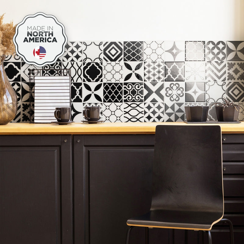 Vintage black and white peel and stick backsplash tile smart tiles for kitchen, bathroom, vr and fireplace