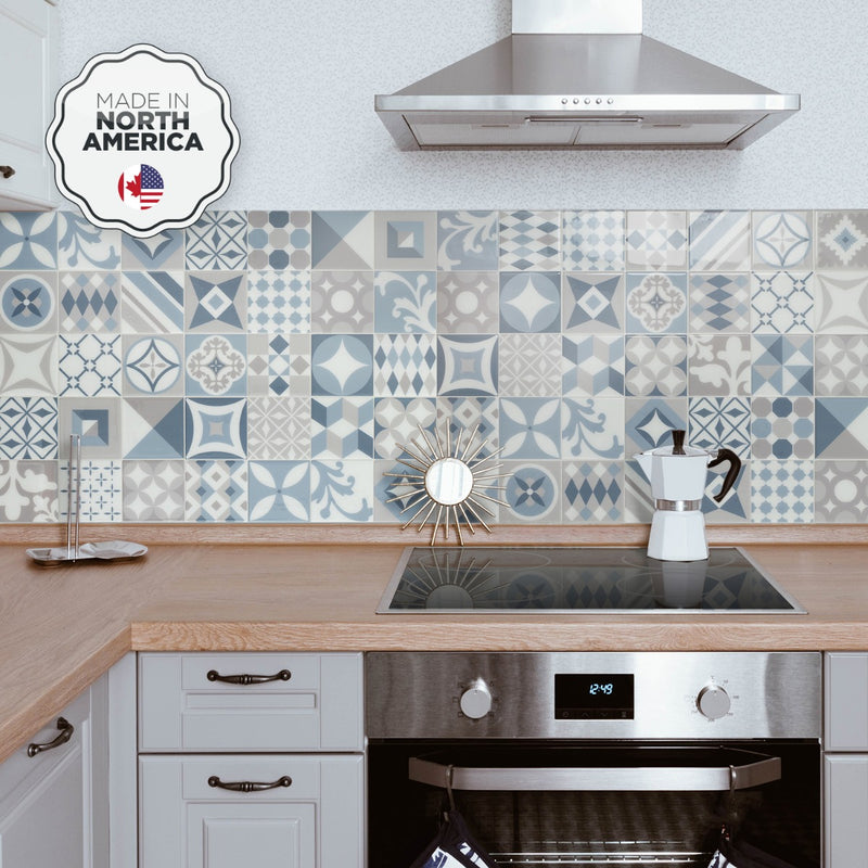 Vintage beige, blue and grey peel and stick backsplash tile smart tiles for kitchen, bathroom, vr and fireplace