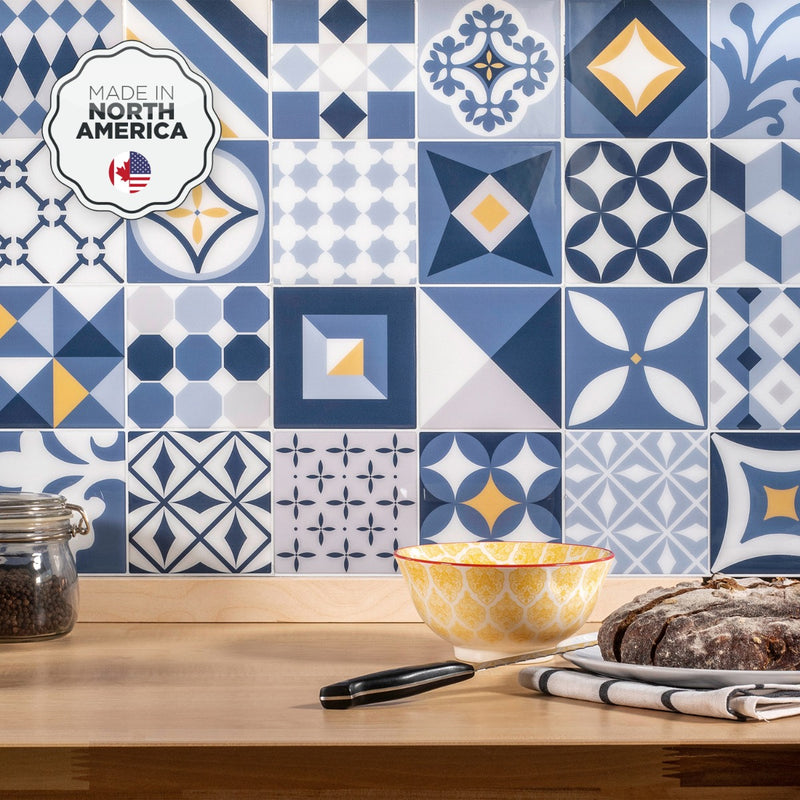 Vintage blue and yellow peel and stick backsplash tile smart tiles for kitchen, bathroom, vr and fireplace