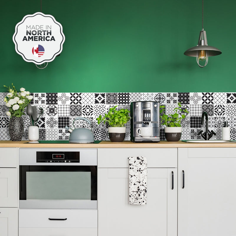 Vintage black and white peel and stick backsplash tile smart tiles for kitchen, bathroom, vr and fireplace