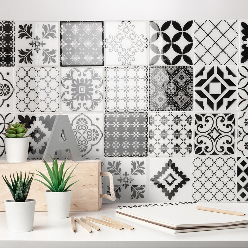 Vintage black and white peel and stick backsplash tile smart tiles for kitchen, bathroom, vr and fireplace