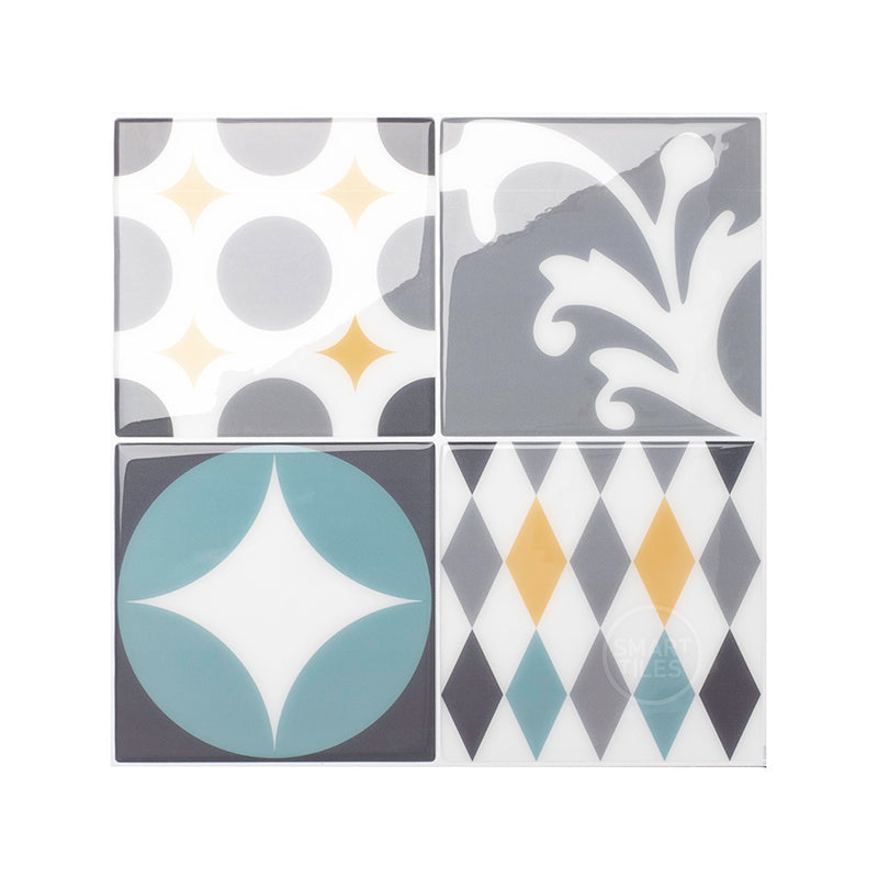 Vintage yellow, turquoise and grey peel and stick backsplash tile smart tiles for kitchen, bathroom, vr and fireplace