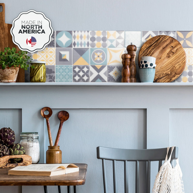 Vintage yellow, turquoise and grey peel and stick backsplash tile smart tiles for kitchen, bathroom, vr and fireplace