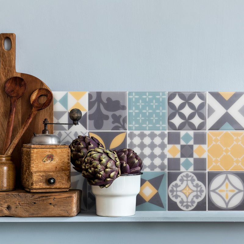 Vintage yellow, turquoise and grey peel and stick backsplash tile smart tiles for kitchen, bathroom, vr and fireplace