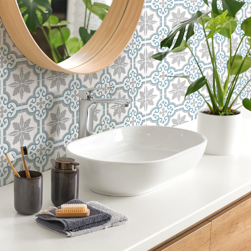 Vintage blue grey peel and stick backsplash tile smart tiles for kitchen, bathroom, vr and fireplace