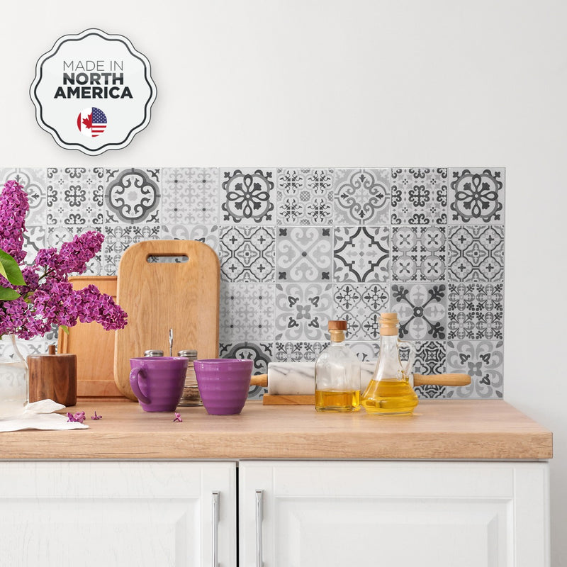 Vintage grey and black peel and stick backsplash tile smart tiles for kitchen, bathroom, vr and fireplace